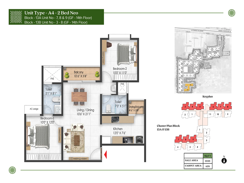Prestige Pallavaram Gardens 2 BHK Floor Plan
