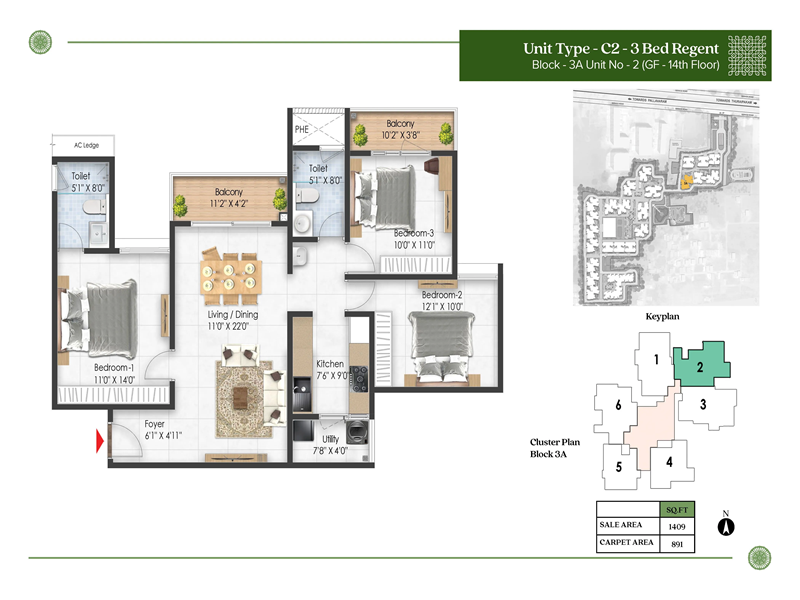 Prestige Pallavaram Gardens 3 BHK Floor Plan