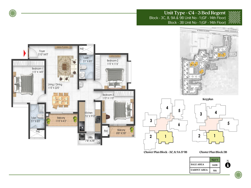 Prestige Pallavaram Gardens 3 BHK Floor Plan