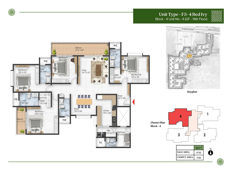 Prestige Pallavaram Gardens 4 BHK Floor Plan